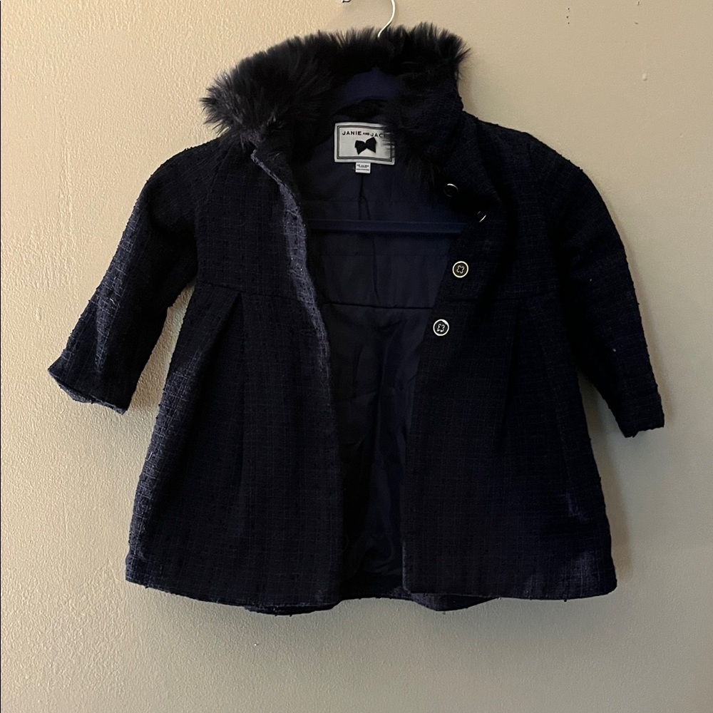 Janie and Jack Navy Pea Coat with Faux Fur Collar